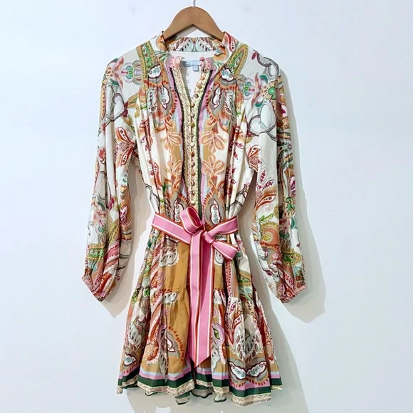 ANTONIO MELANI Brynn Ruffle Hem Floral Print Pintuck Dress Pink Belt 6 - Picture 2 of 10